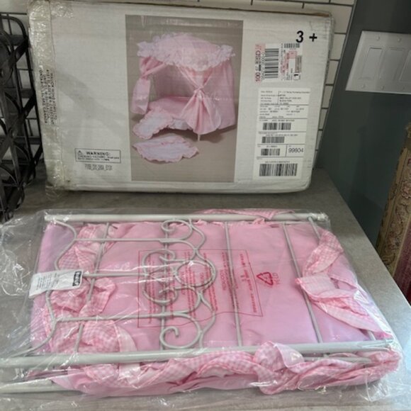 Pink Gingham Doll Bed W/ Canopy White Scroll Metal fits approx 18" NIB - Picture 5 of 5